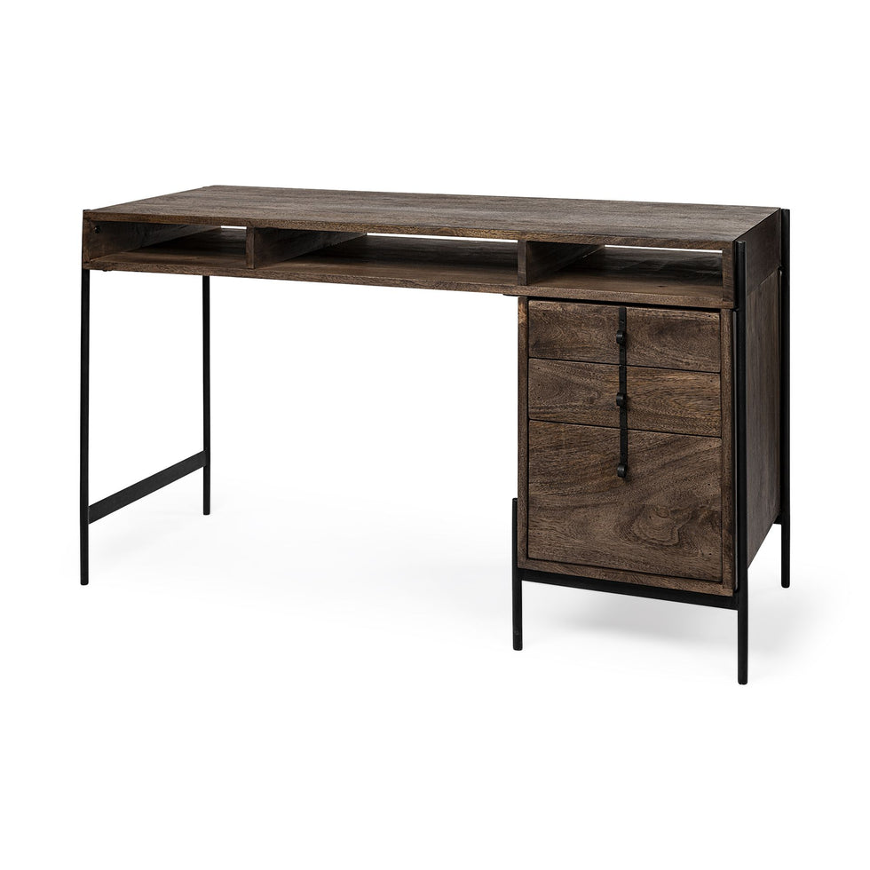 Mercana - Glenn VII Dark Brown Wood w/ Black Iron Frame/3 Drawer Office Desk