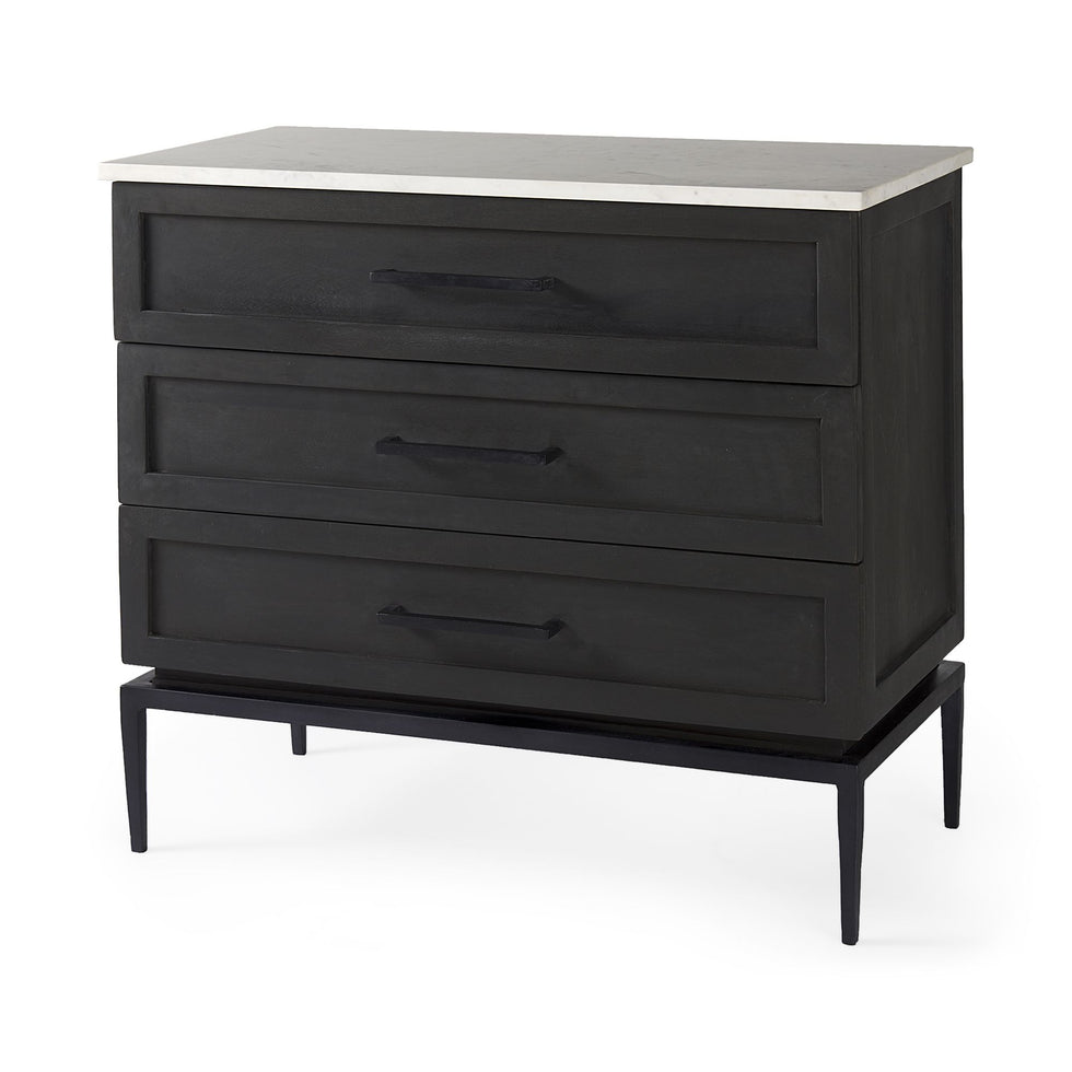 Mercana - Divina Black-Brown Wood with White Marble Top and Black Metal Base Accent Cabinet