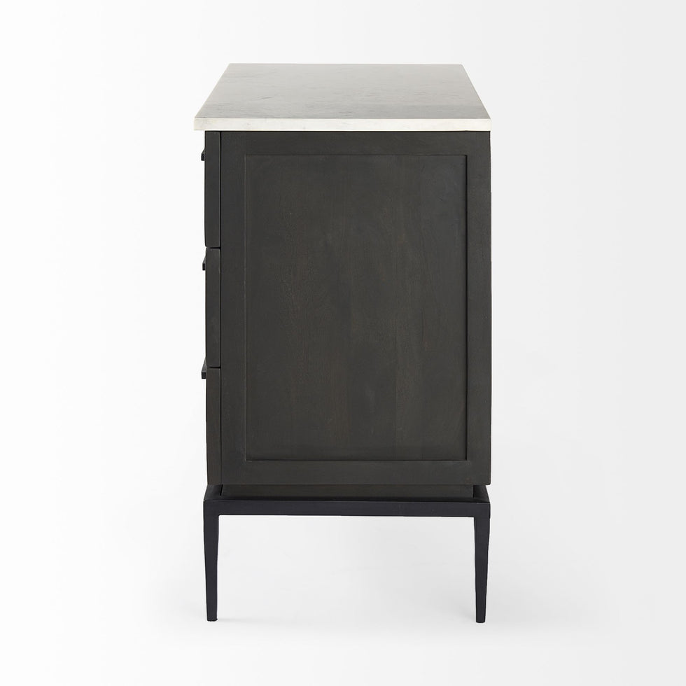 Mercana - Divina Black-Brown Wood with White Marble Top and Black Metal Base Accent Cabinet