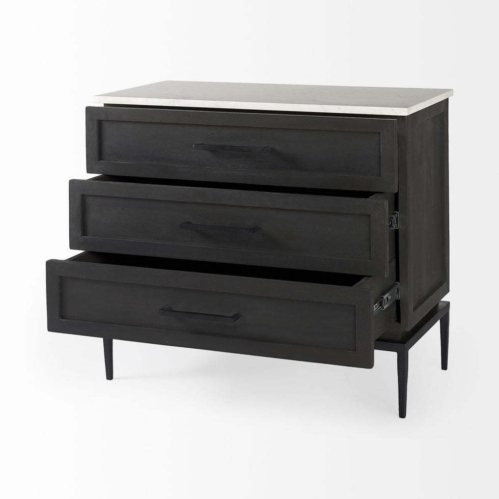 Mercana - Divina Black-Brown Wood with White Marble Top and Black Metal Base Accent Cabinet