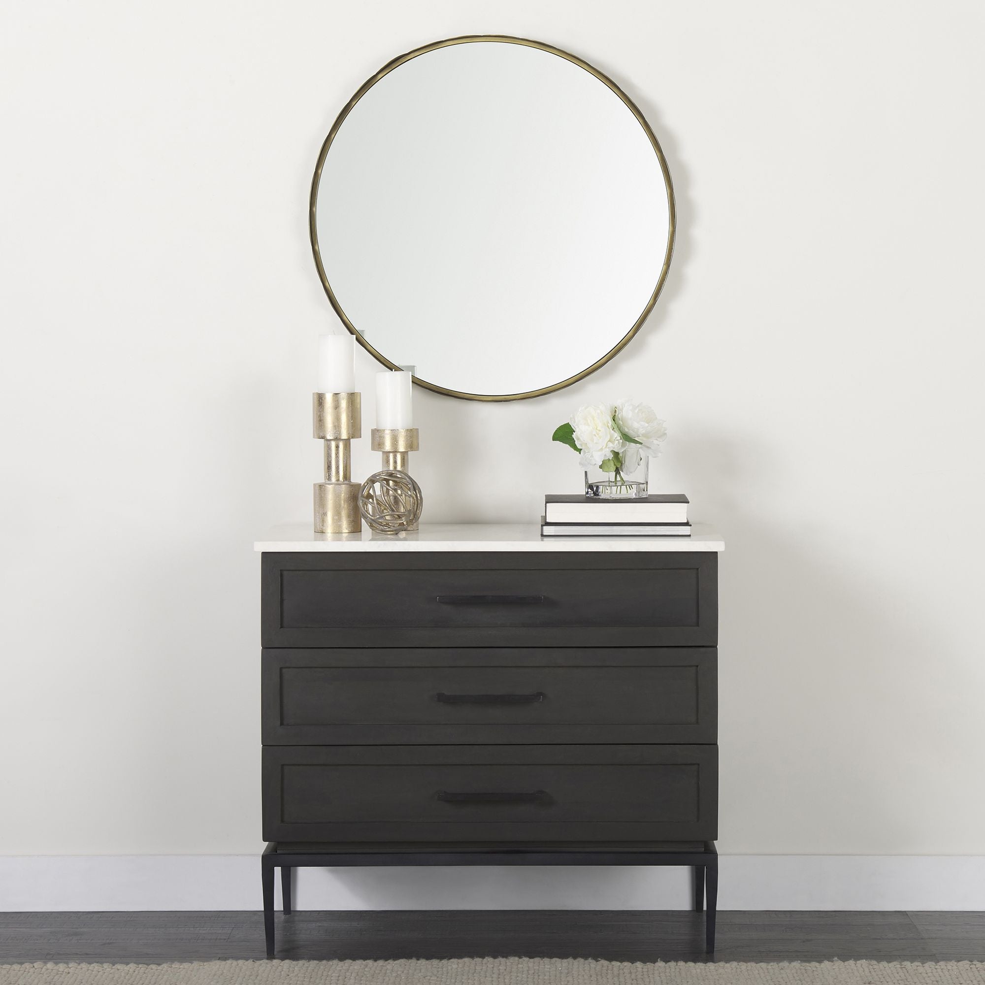 Mercana - Divina Black-Brown Wood with White Marble Top and Black Metal Base Accent Cabinet