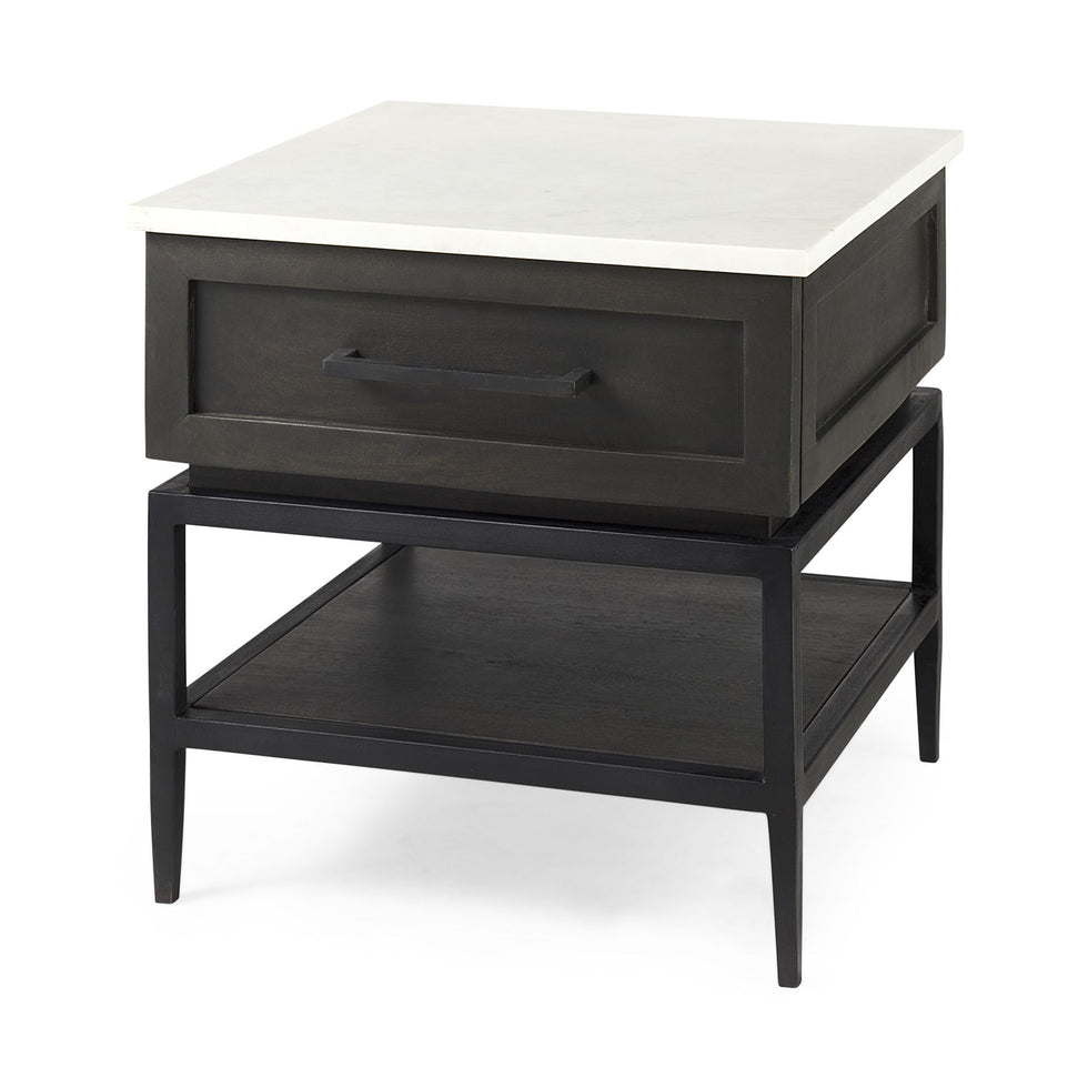 Mercana - Divina Black-Brown Wood with White Marble Top and Black Metal Base Side Table
