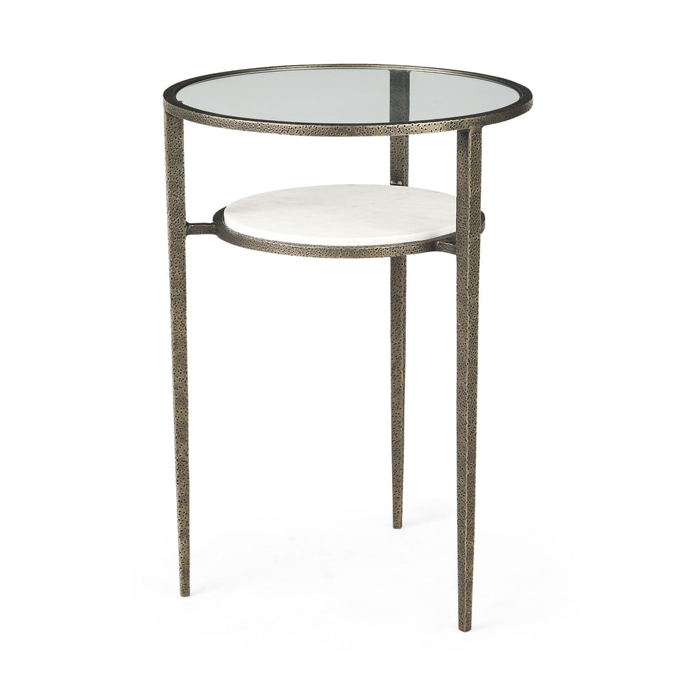Mercana - Felicity Glass Top with White Marble Shelf and Antique Gold Base End/Side Table