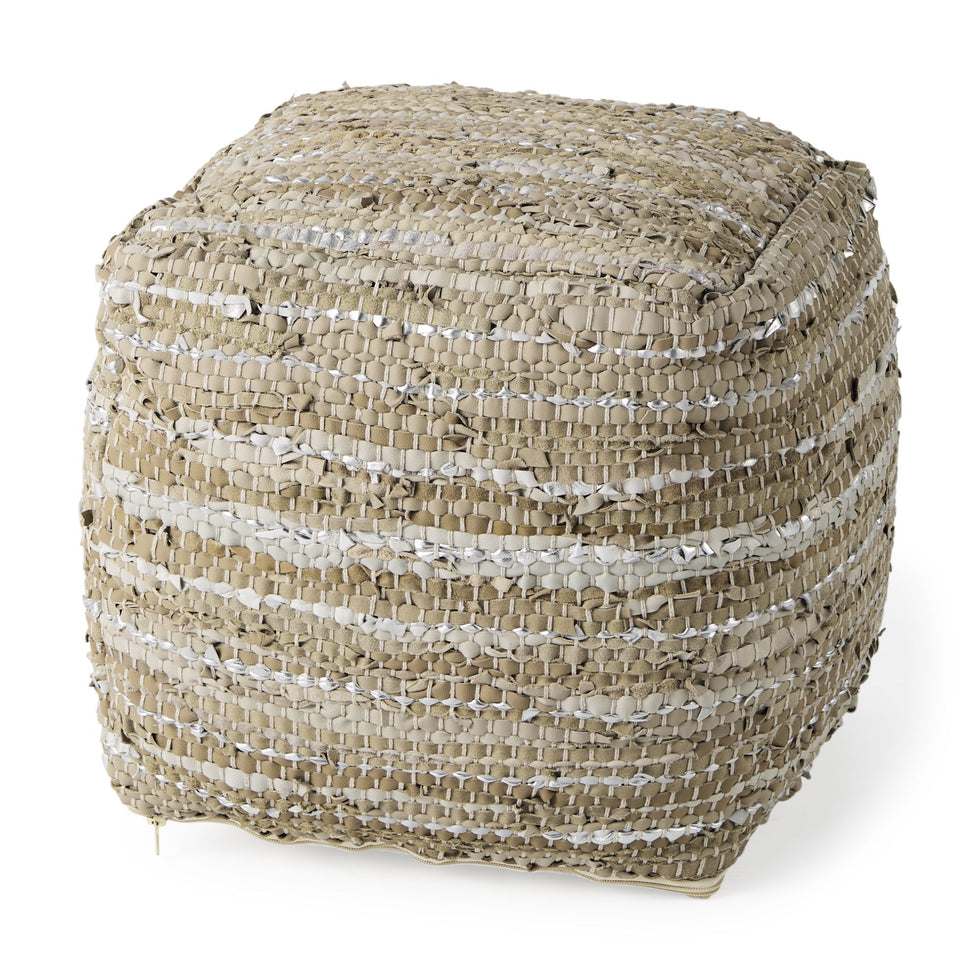 Mercana - Aadhya Taupe/Silver Leather and Cotton Pouf