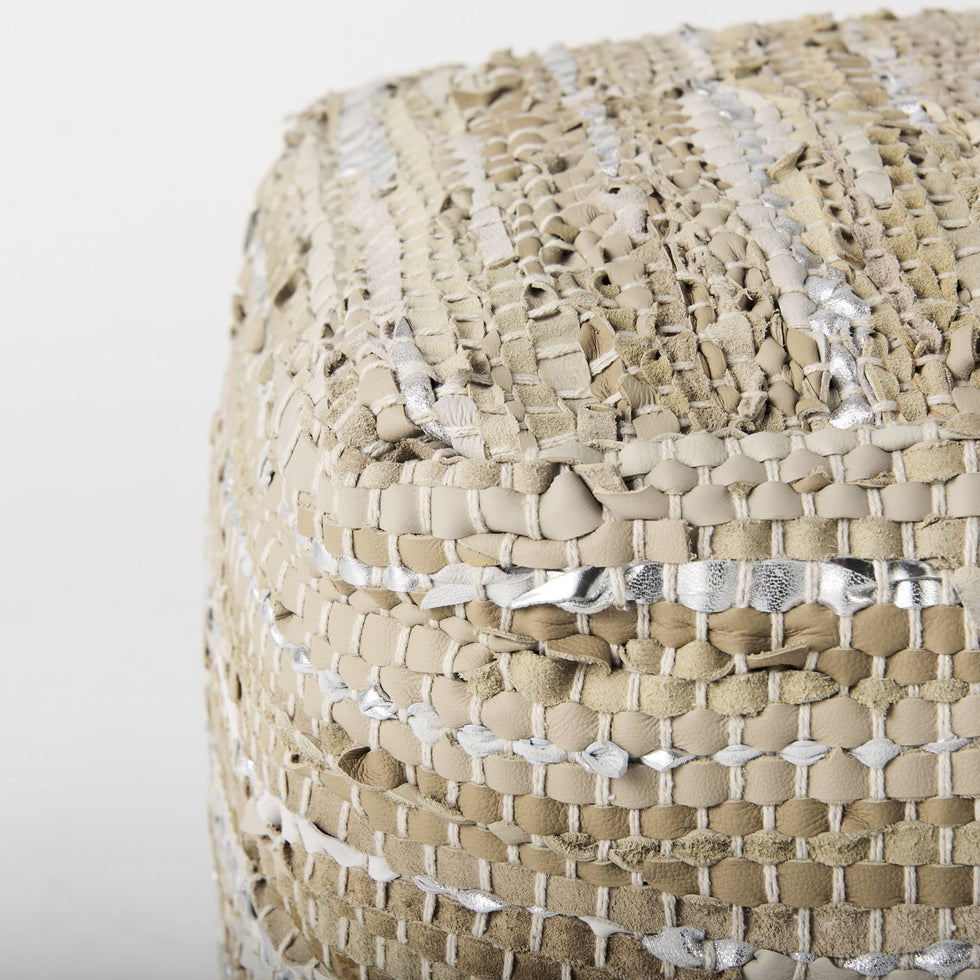 Mercana - Aadhya Taupe/Silver Leather and Cotton Pouf