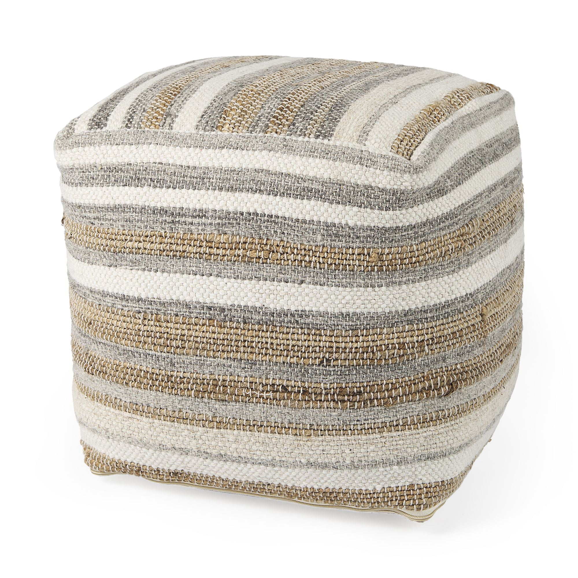 Mercana - Aahana White/Taupe/Gray Striped Hemp and Cotton Pouf