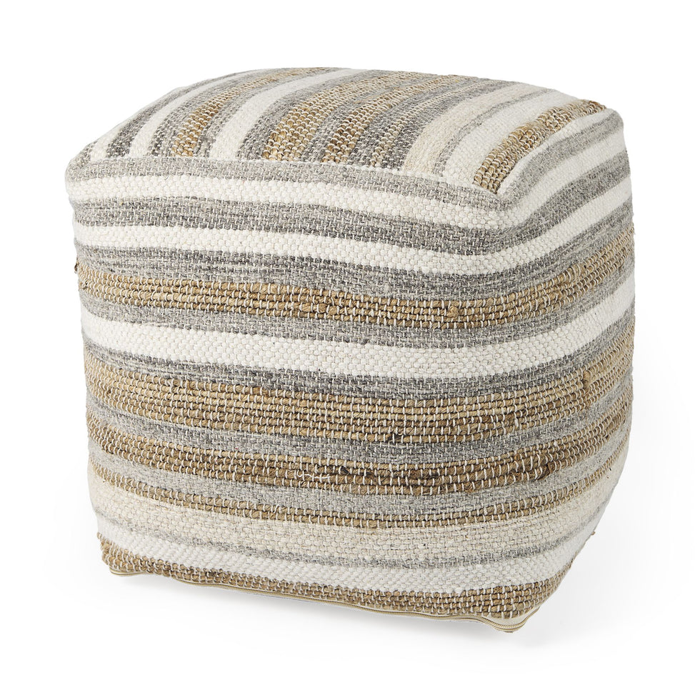 Mercana - Aahana White/Taupe/Gray Striped Hemp and Cotton Pouf