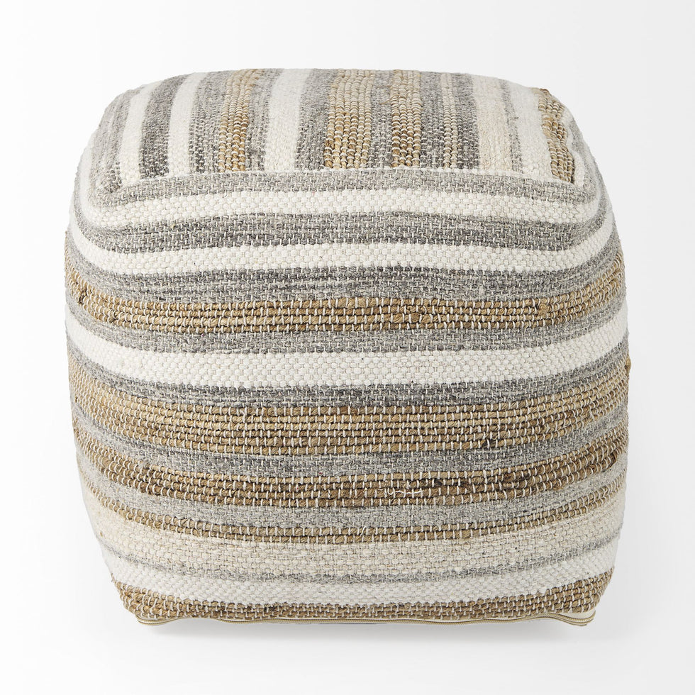 Mercana - Aahana White/Taupe/Gray Striped Hemp and Cotton Pouf