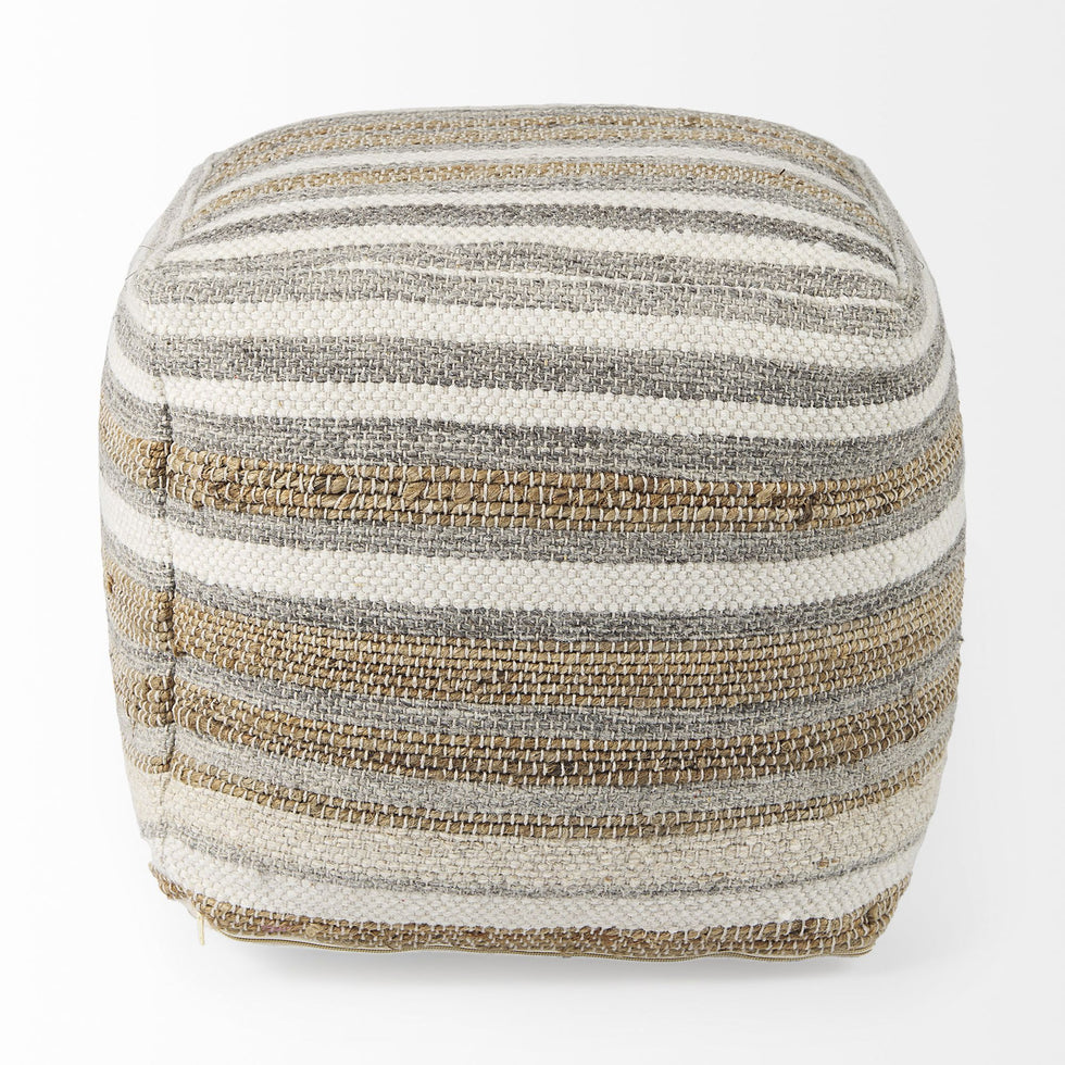 Mercana - Aahana White/Taupe/Gray Striped Hemp and Cotton Pouf