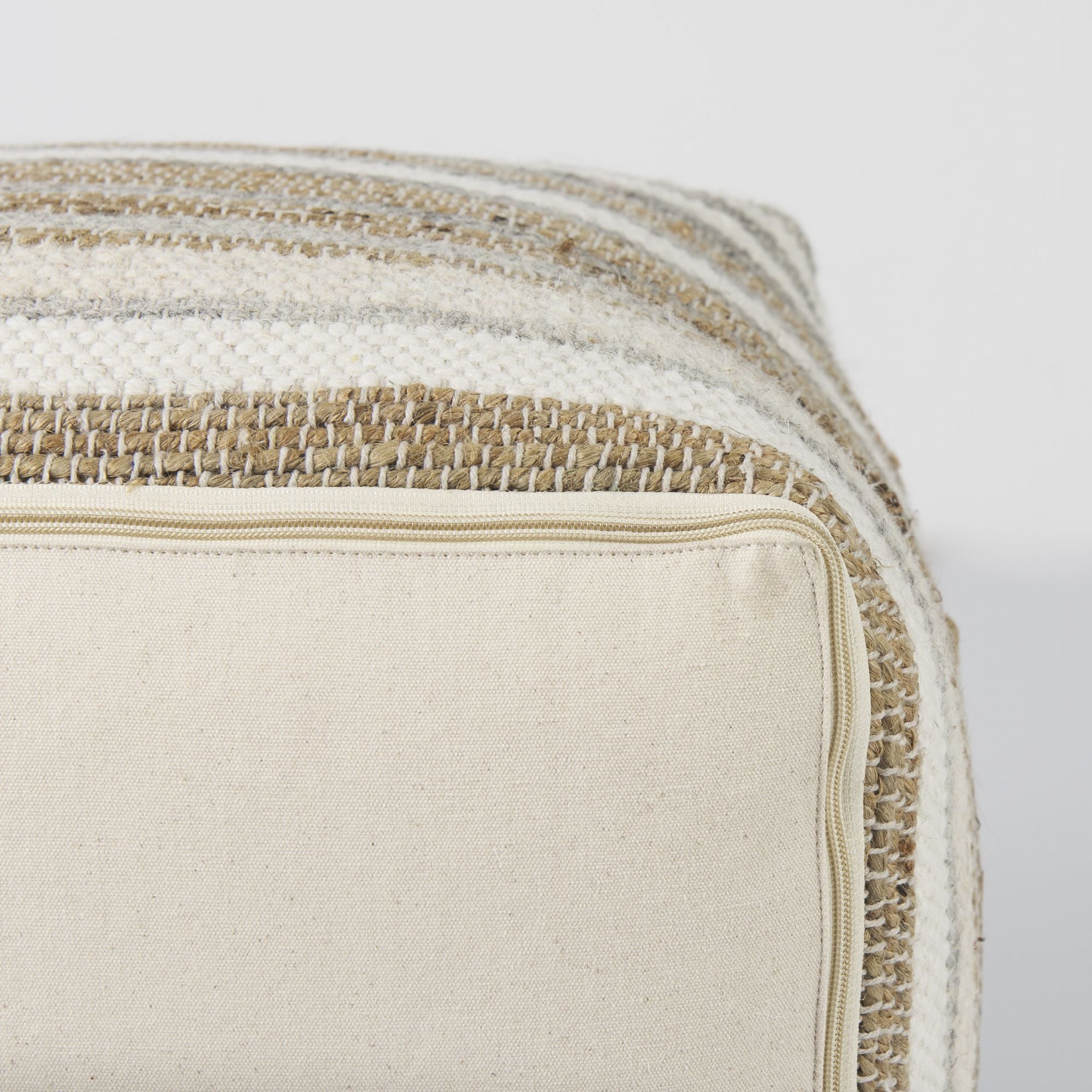 Mercana - Aahana White/Taupe/Gray Striped Hemp and Cotton Pouf