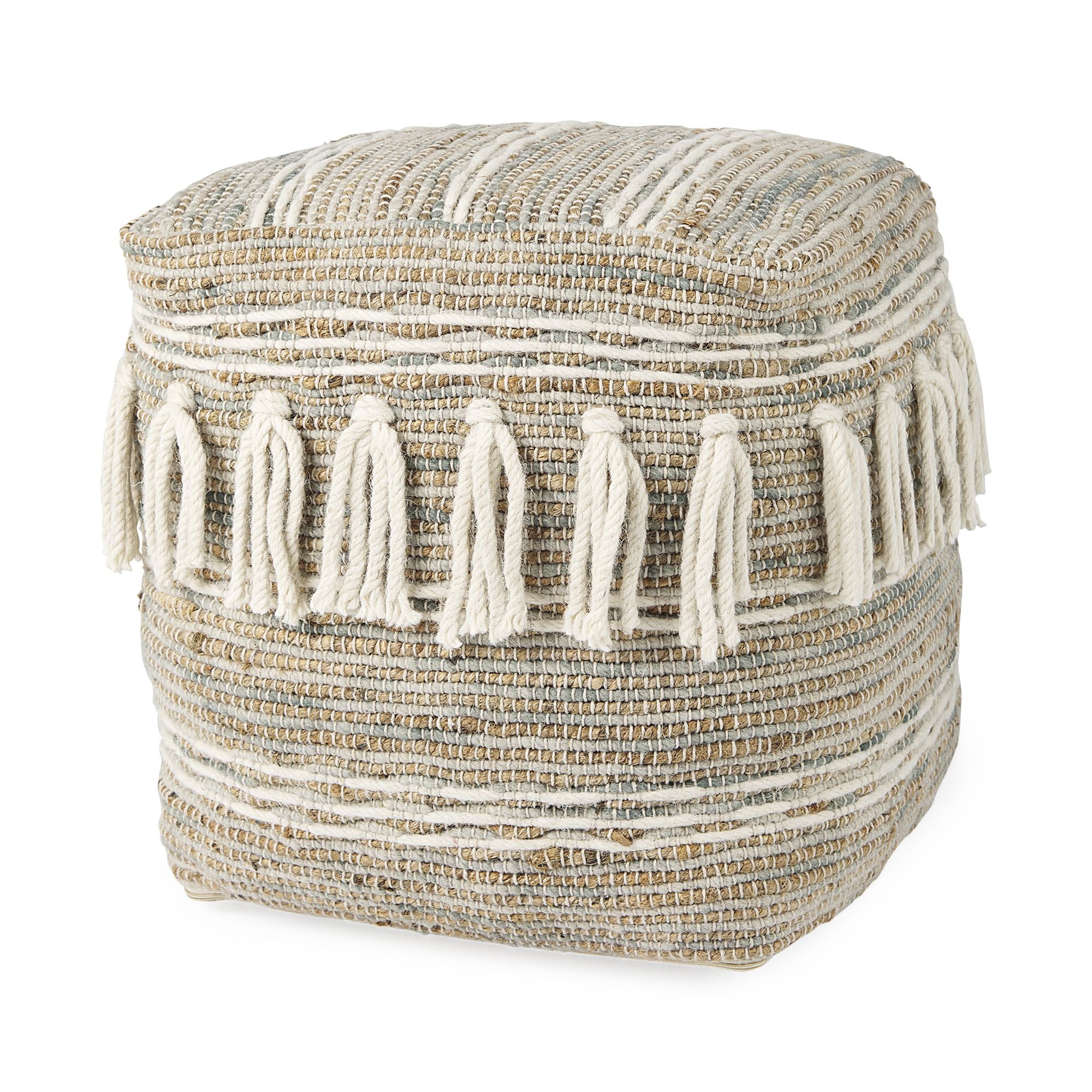 Mercana - Avni Cream/Brown Hemp and Wool Fringed Pouf