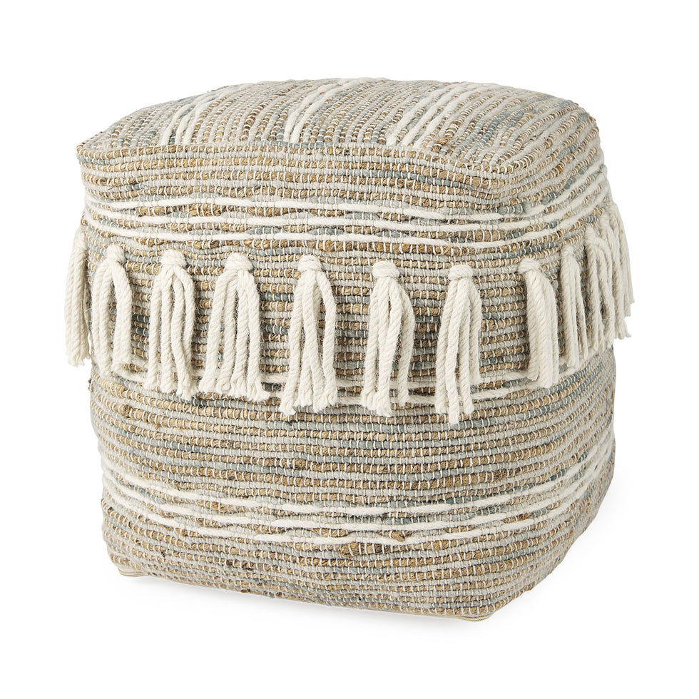 Mercana - Avni Cream/Brown Hemp and Wool Fringed Pouf