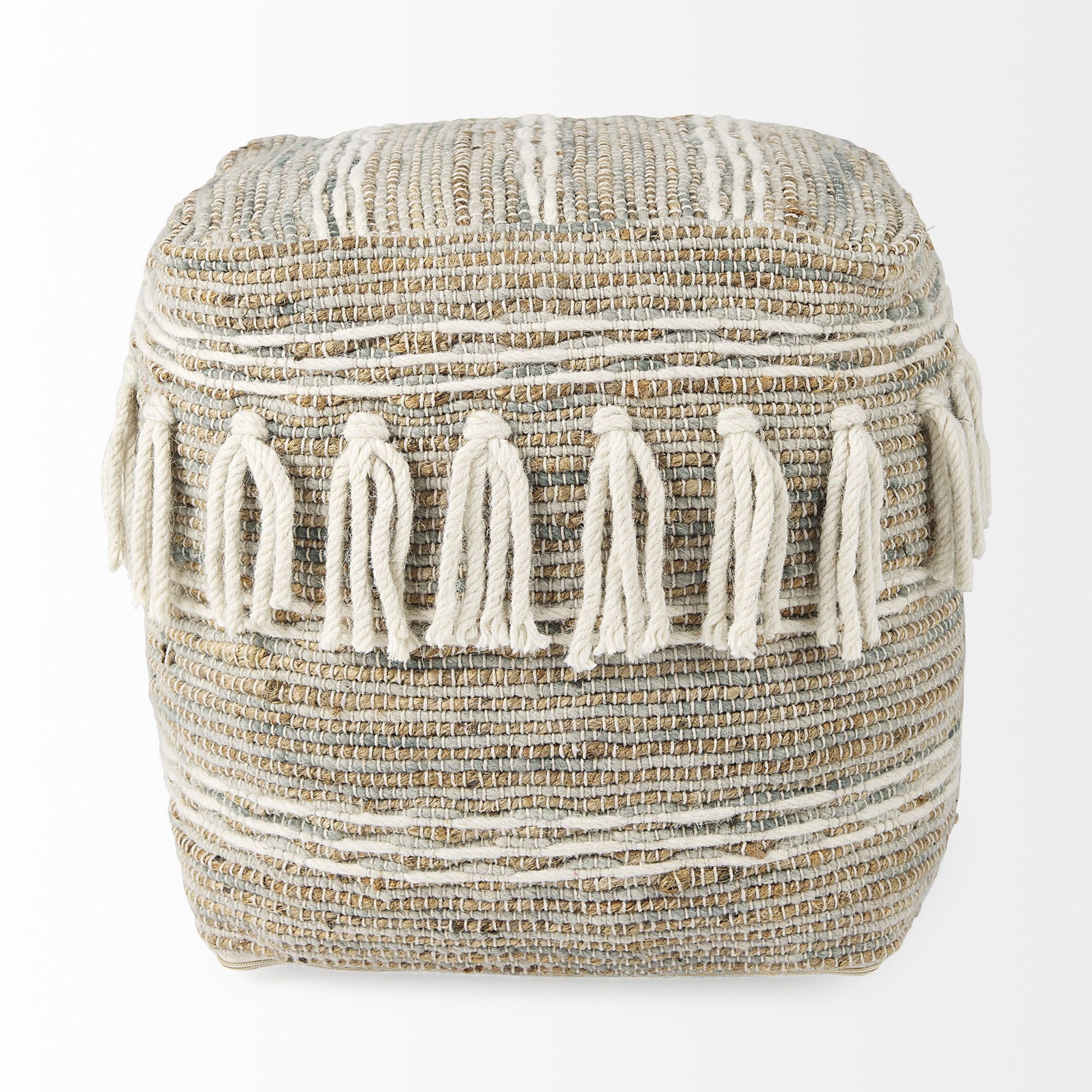 Mercana - Avni Cream/Brown Hemp and Wool Fringed Pouf