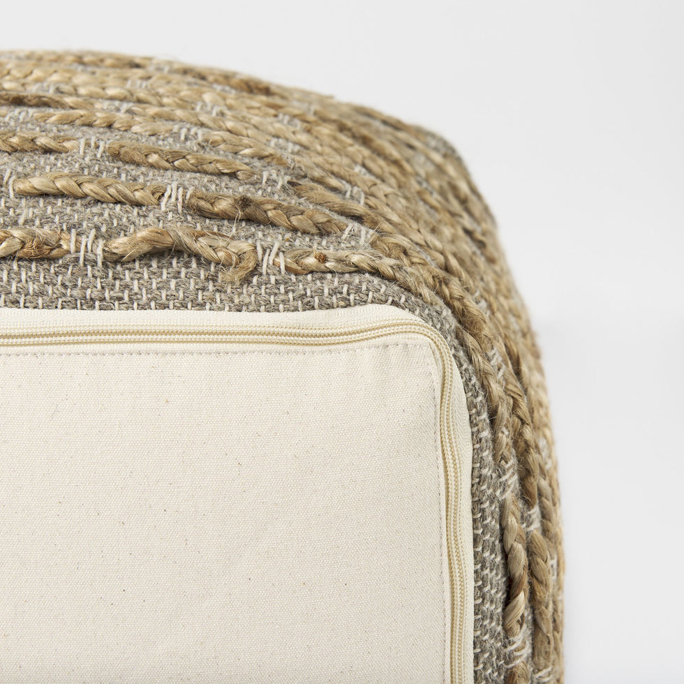 Mercana - Binita Gray/Brown Hemp Wool and Cotton Pouf