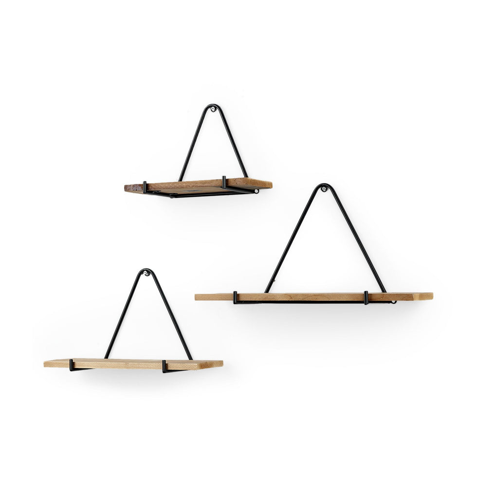 Mercana - Khufu Brown Wood with Black Metal Triangular Hanging Shelves (Set of 3)