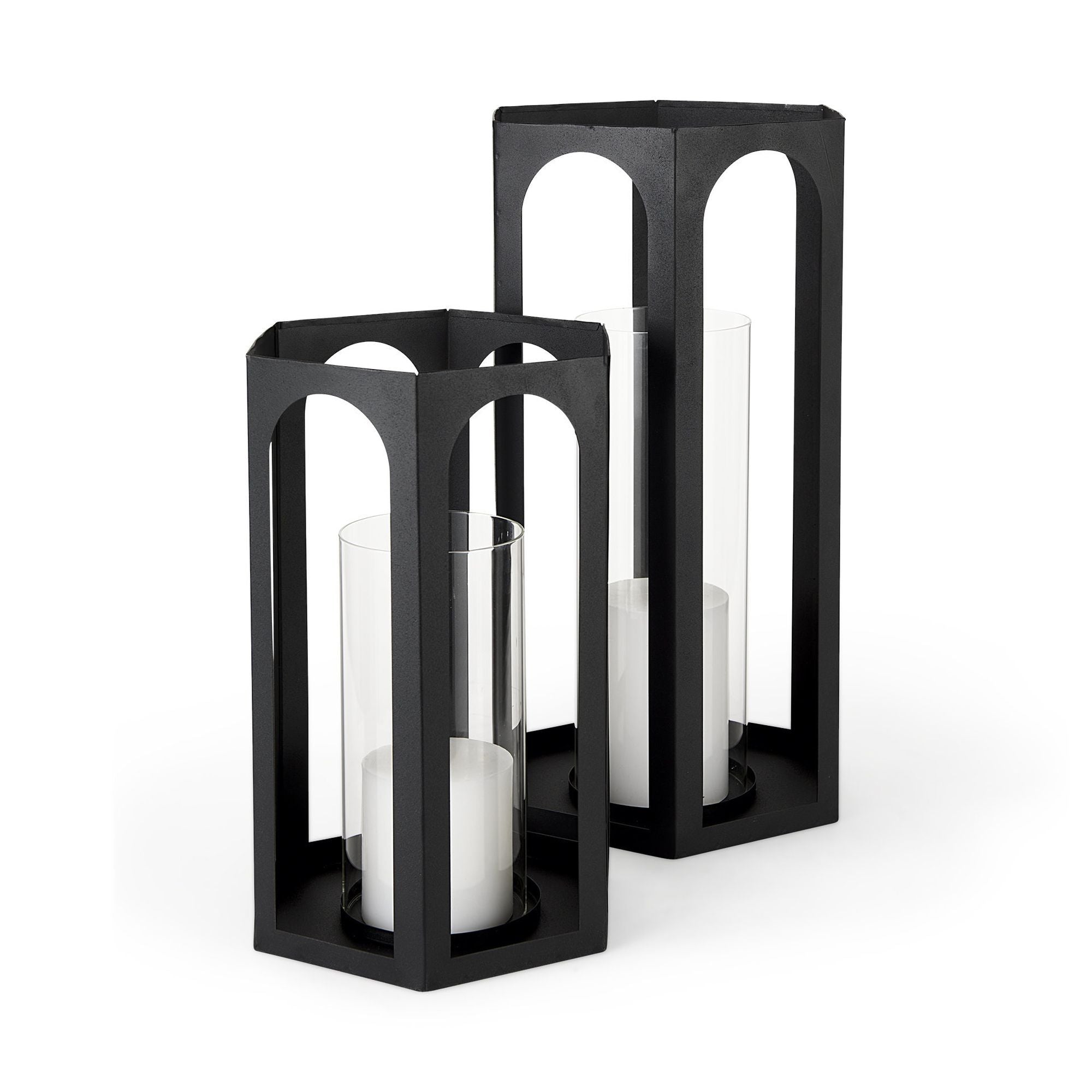 Mercana - Balley Matte Black Metal Hexagonal Candle Holder Lanterns (Set of 2)