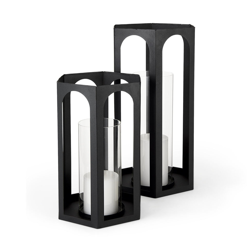 Mercana - Balley Matte Black Metal Hexagonal Candle Holder Lanterns (Set of 2)