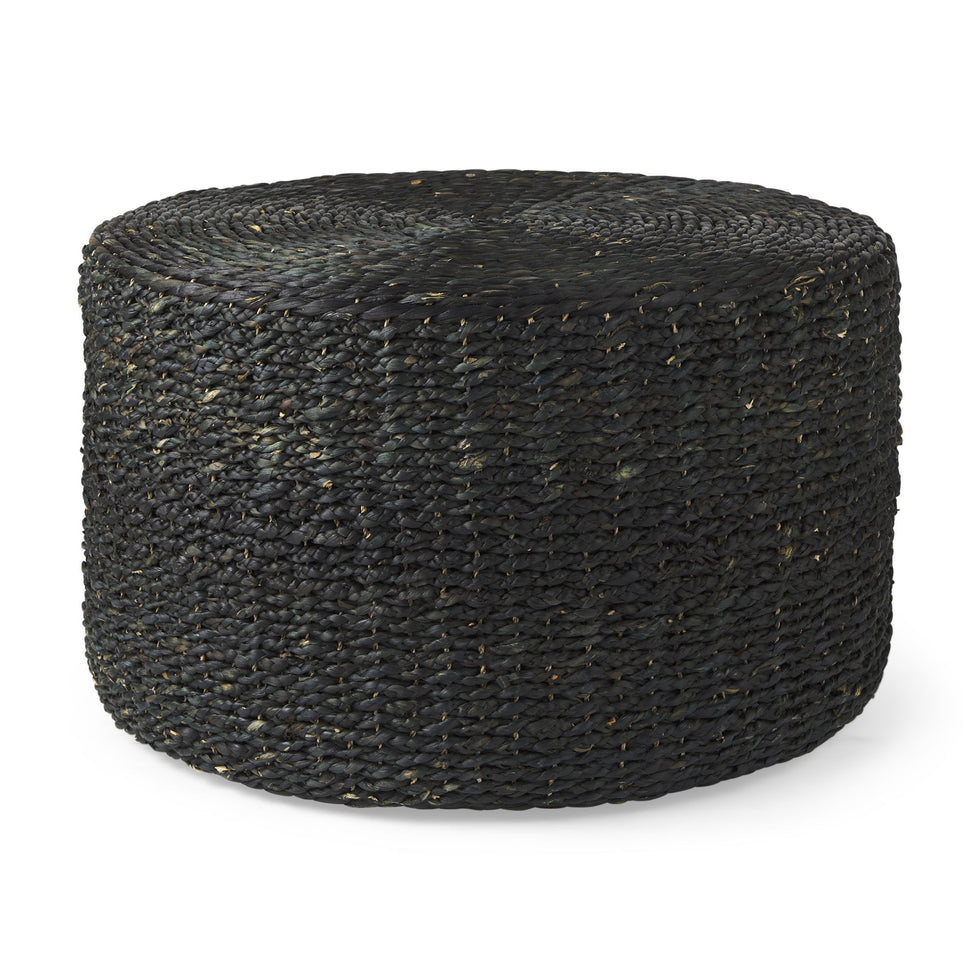 Mercana - Dina Black Cornhusk and Water Hyacinth Round Coffee Table Pouf