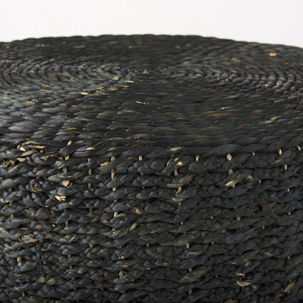 Mercana - Dina Black Cornhusk and Water Hyacinth Round Coffee Table Pouf