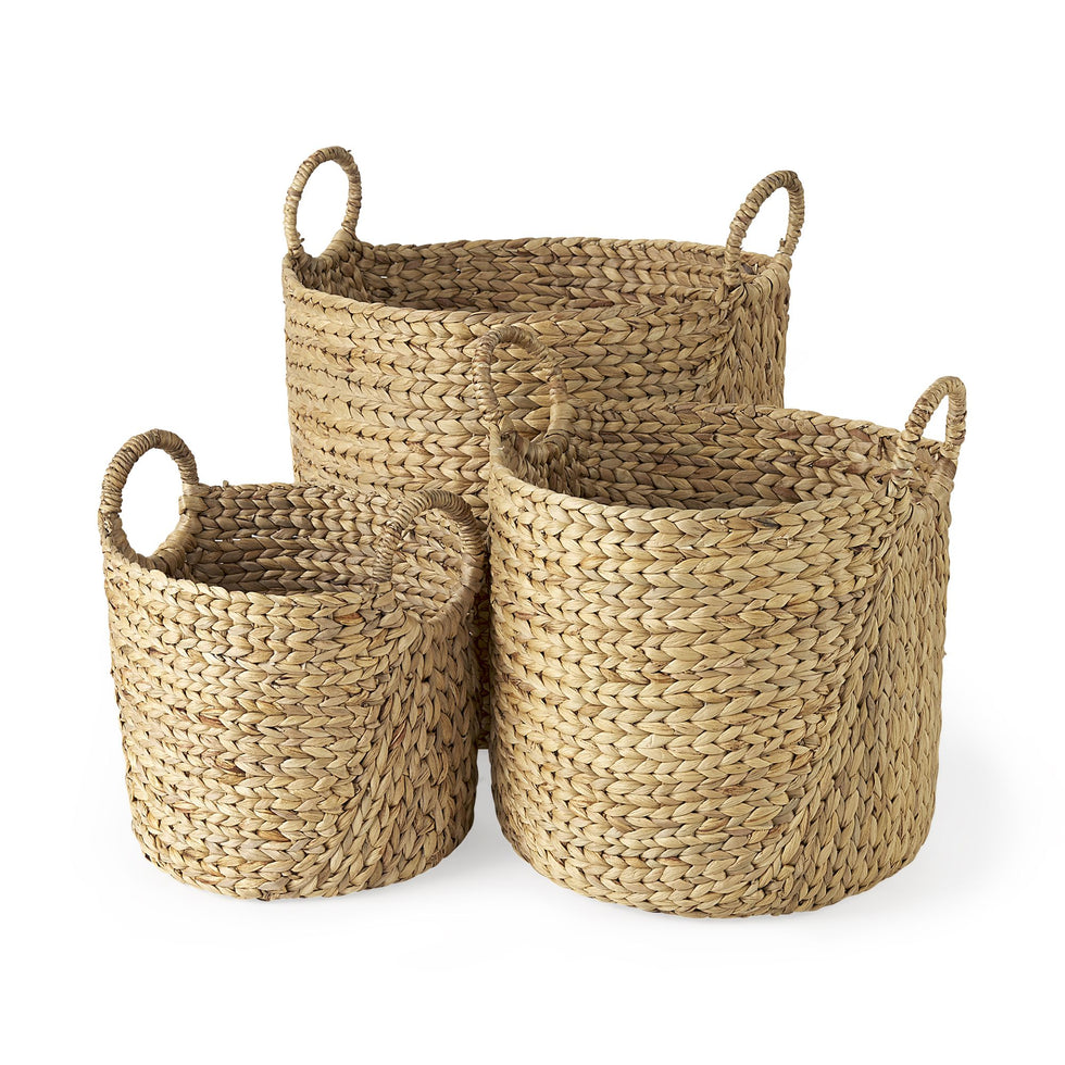Mercana - Sivan Light Brown Water Hyacinth Round Basket/Handles (Set of 3)