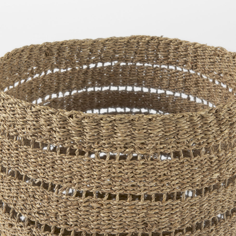 Mercana - Hayes Medium Brown Seagrass Round Basket with Stripe Pattern (Set of 2)