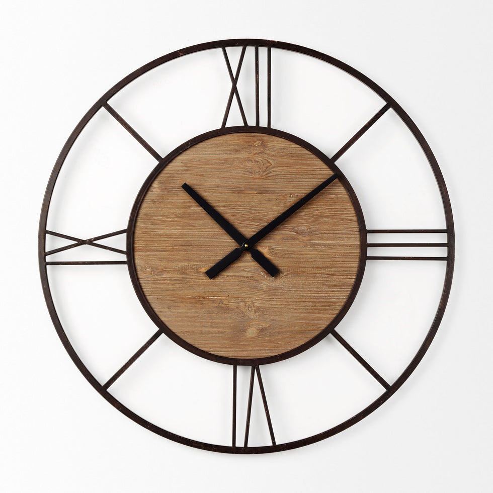 Mercana - Brielle Black Iron/Wood Round Wall Clock