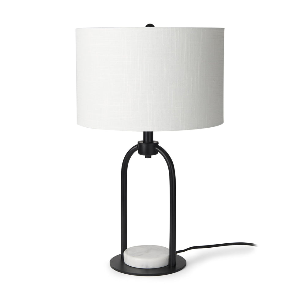 Mercana - Sarah Arched Black Metal with Marble Cube and White Shade Table Lamp