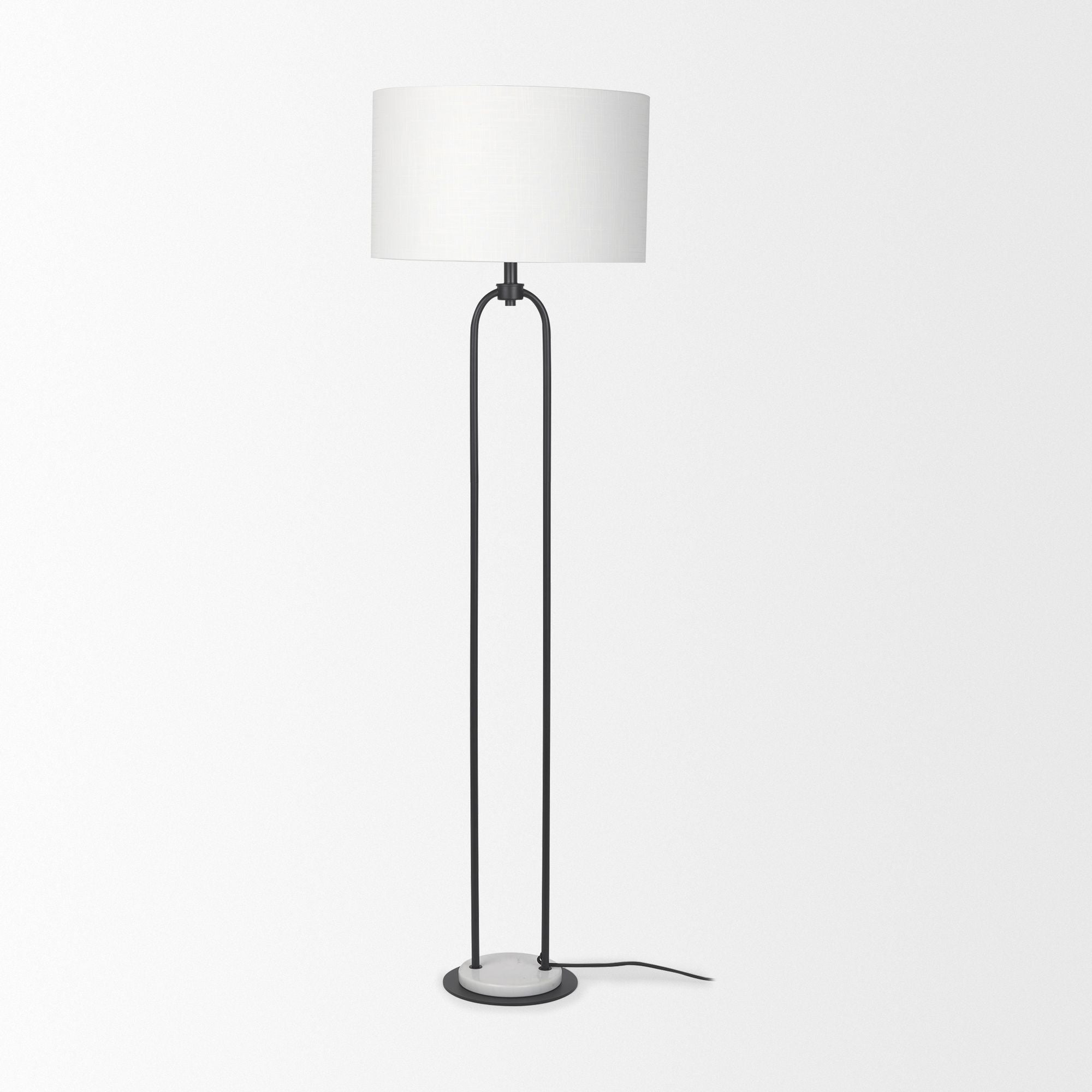 Mercana - Sarah Arched Black Metal with Marble Cube and White Shade Floor Lamp