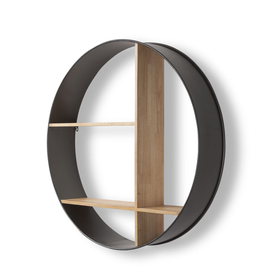 Mercana - Hector Brown Wood with Black Metal Round Wall Shelf
