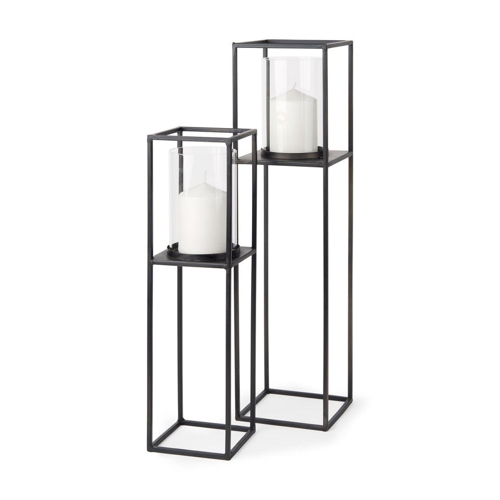 Mercana - Cindy Matte Black Metal Hurricane Glass Tabletop Candle Holder