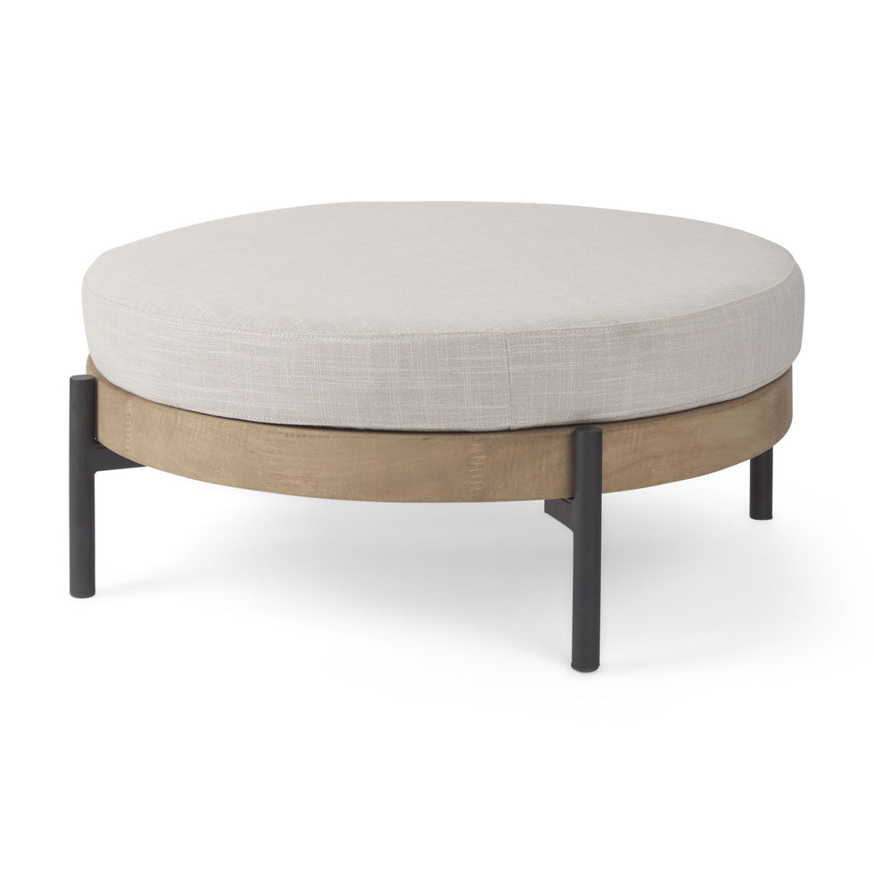 Mercana - Colburne Cream Fabric with Brown Wood Round Ottoman