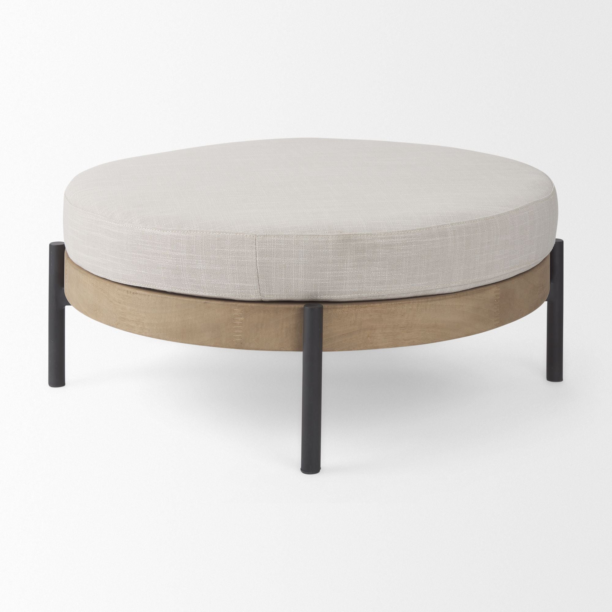 Mercana - Colburne Cream Fabric with Brown Wood Round Ottoman