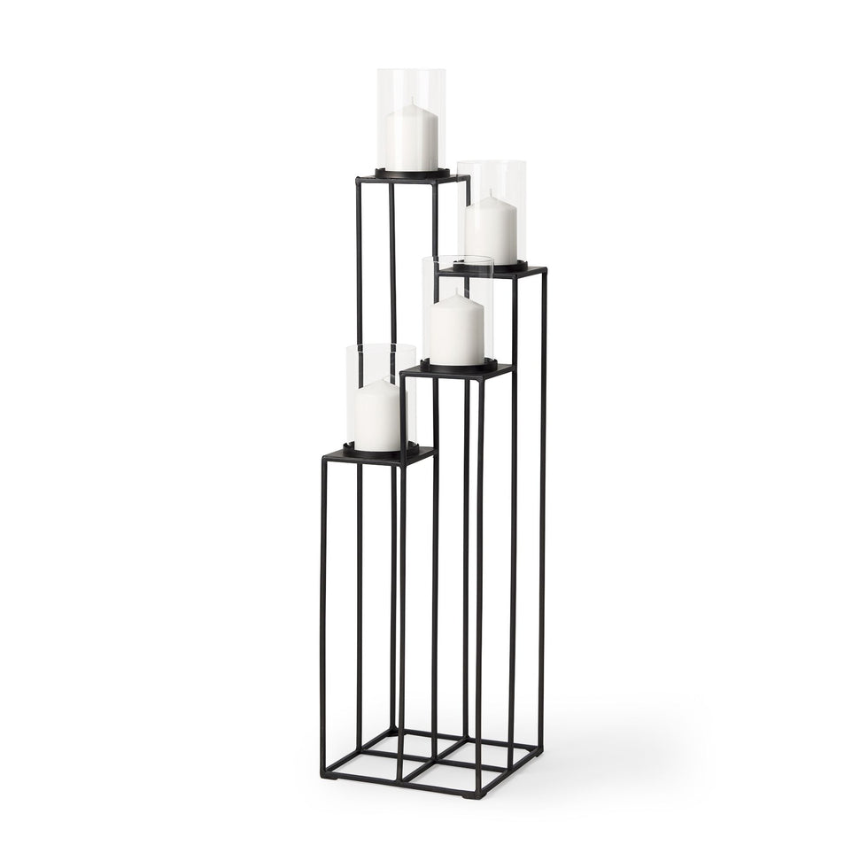 Mercana - Cindy 4-Tier Matte Black Metal with Hurricane Glass Pillar Candle Floor Lantern