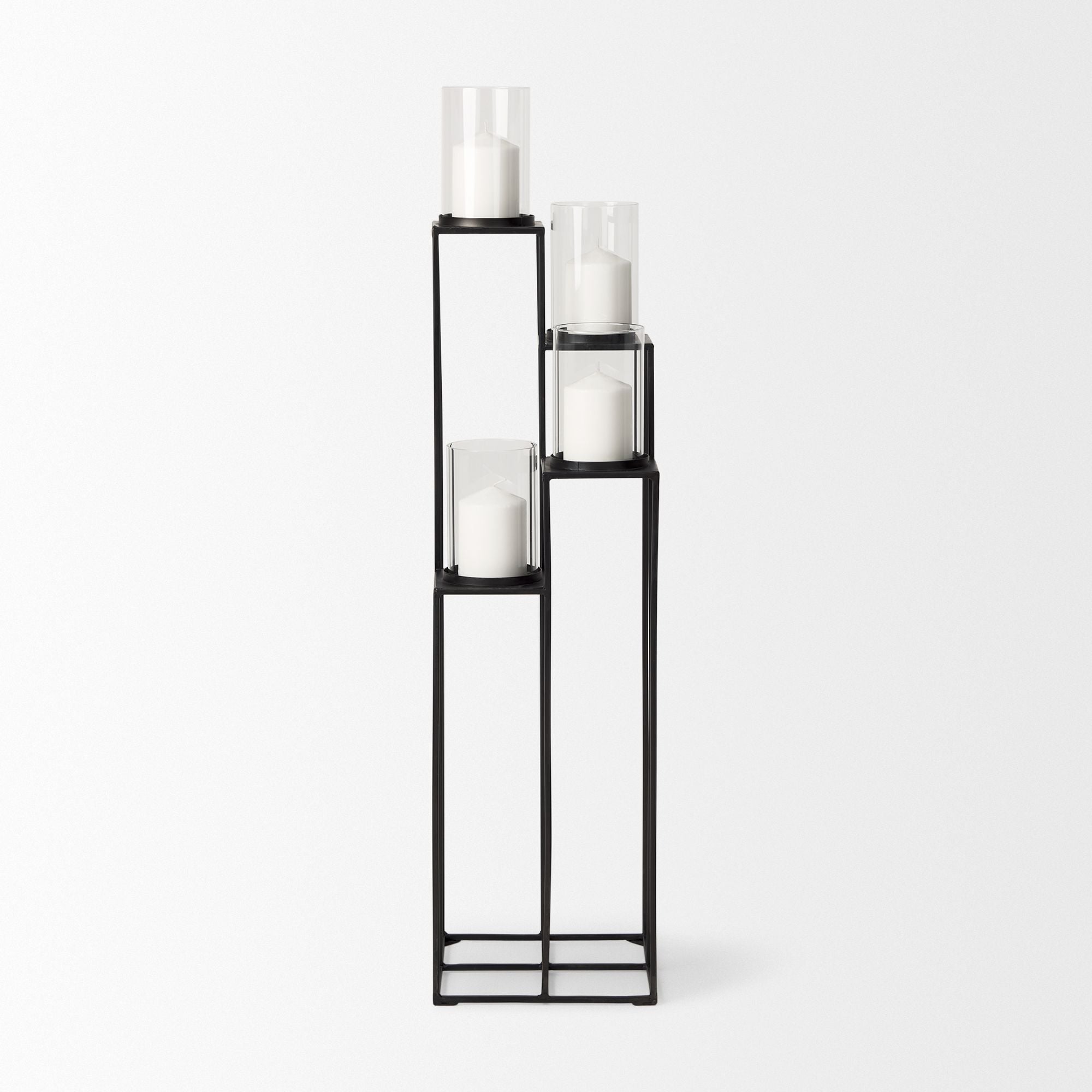 Mercana - Cindy 4-Tier Matte Black Metal with Hurricane Glass Pillar Candle Floor Lantern