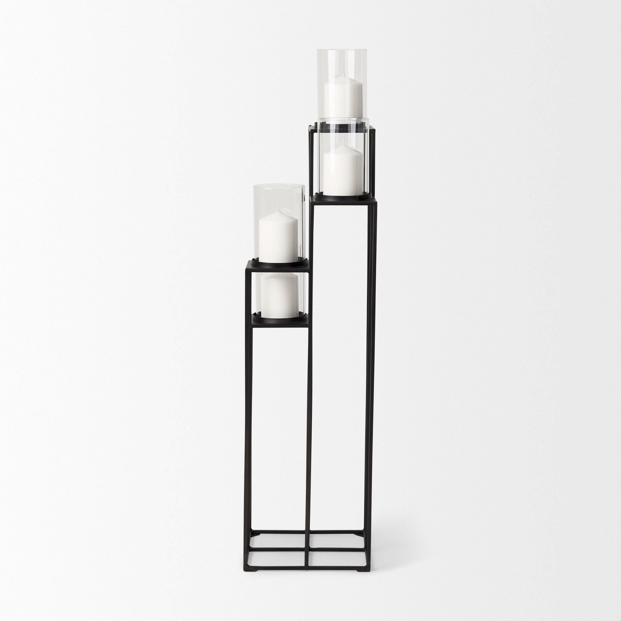 Mercana - Cindy 4-Tier Matte Black Metal with Hurricane Glass Pillar Candle Floor Lantern