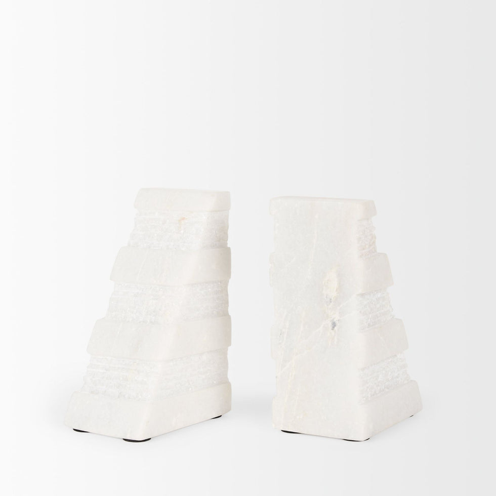 Mercana - Cavetto White Marble Bookends with Rough Carving (Set of 2)