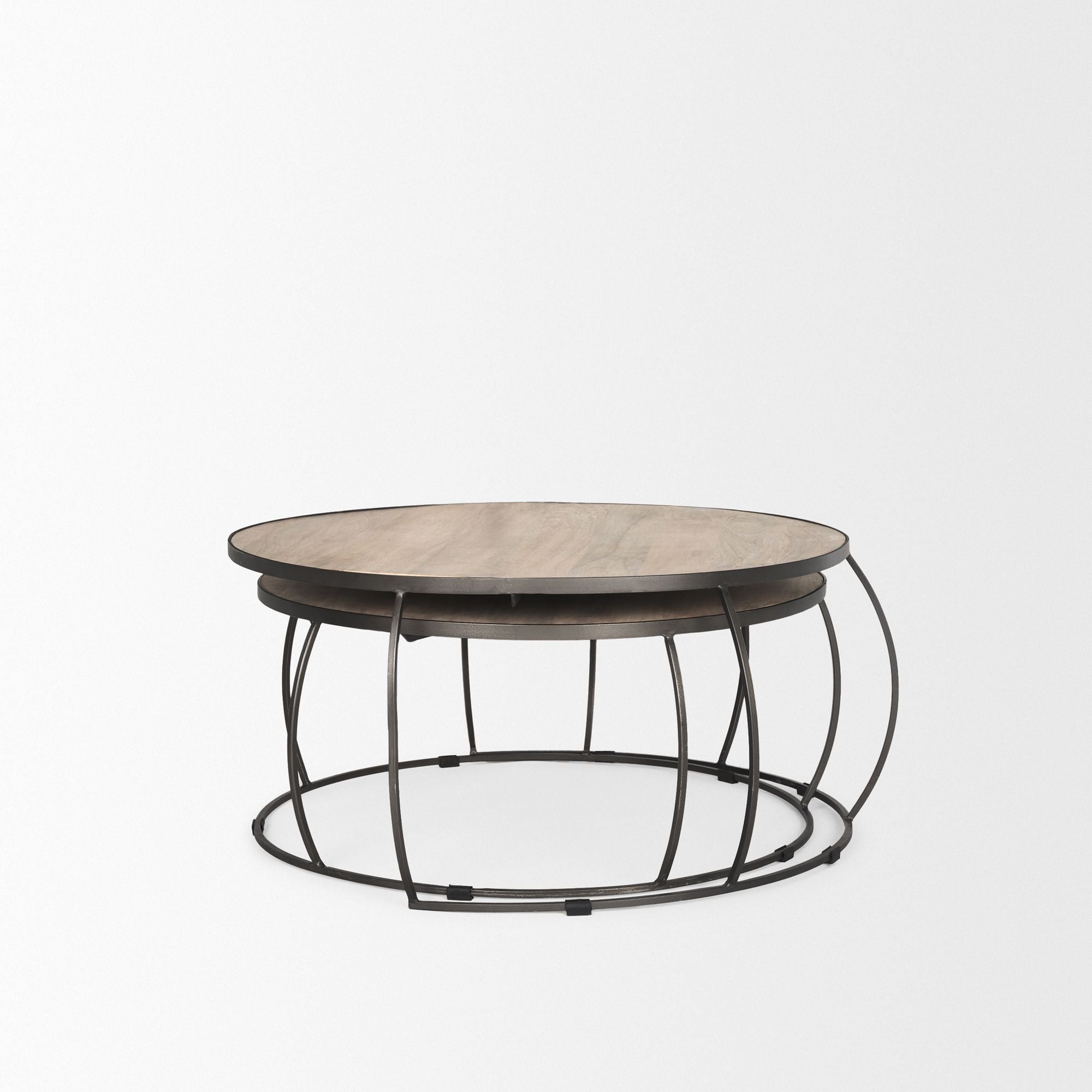 Mercana - Clapp Round Light Brown with White Wash Wood and Silver Metal Nesting Coffee Tables (Set of 2)