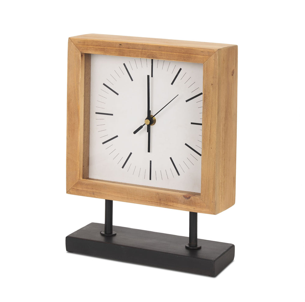 Mercana - Renaya Light Brown Wood Table Clock with Matte Black Metal Base