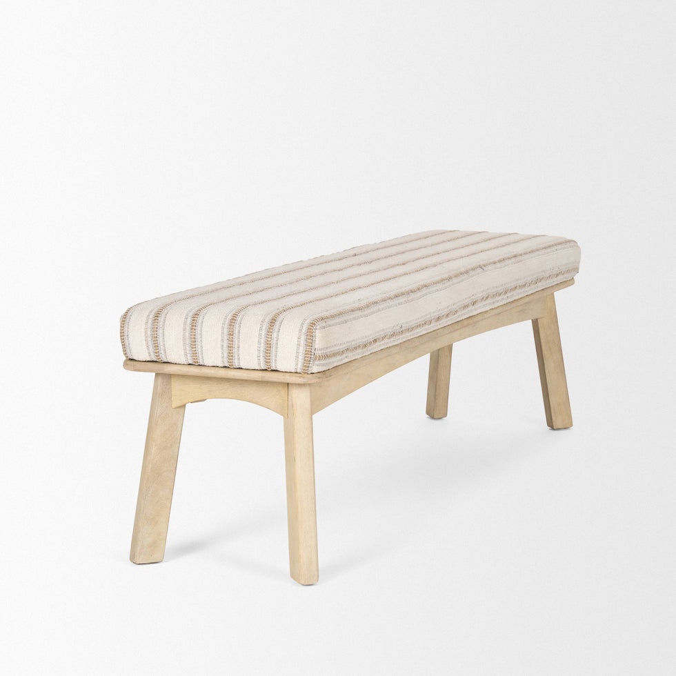 Mercana - Taimo Bench with Striped Fabric Seat in White Washed/Light Brown
