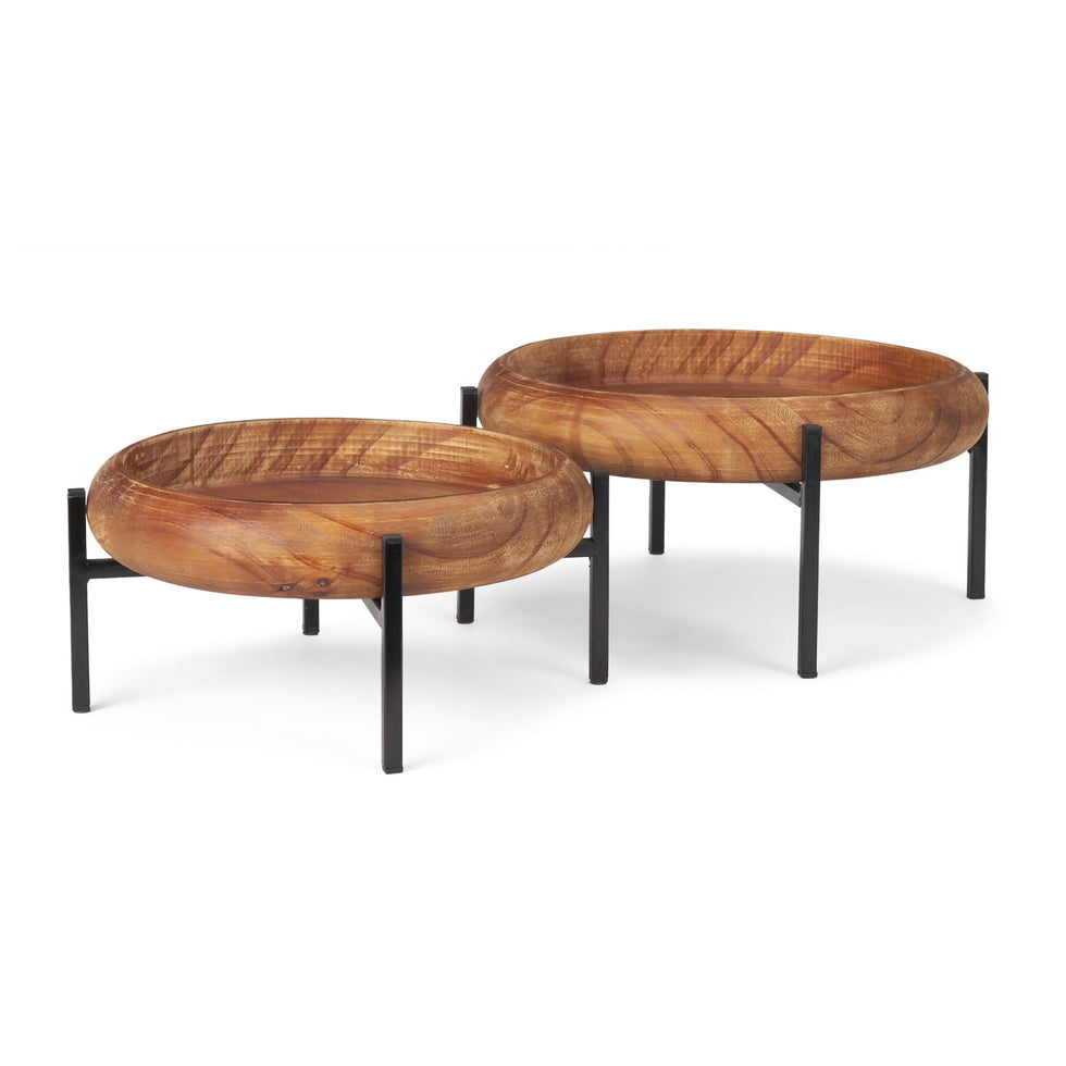 Mercana - Wally Round Medium Brown Wood with Matte Black Metal Stand Trays