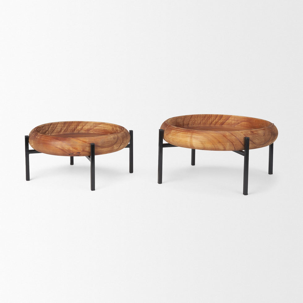 Mercana - Wally Round Medium Brown Wood with Matte Black Metal Stand Trays