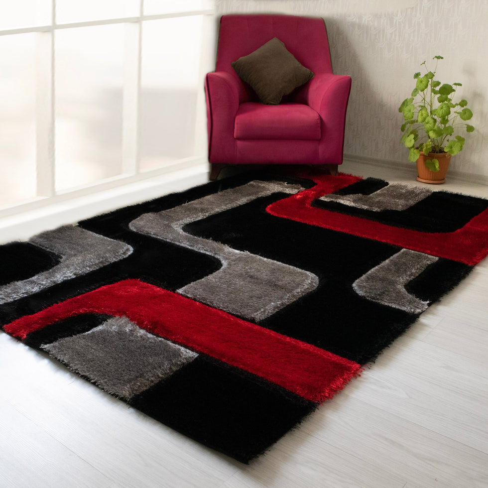 Nova - 3D199 Shaggy Area Rug in Red/Black