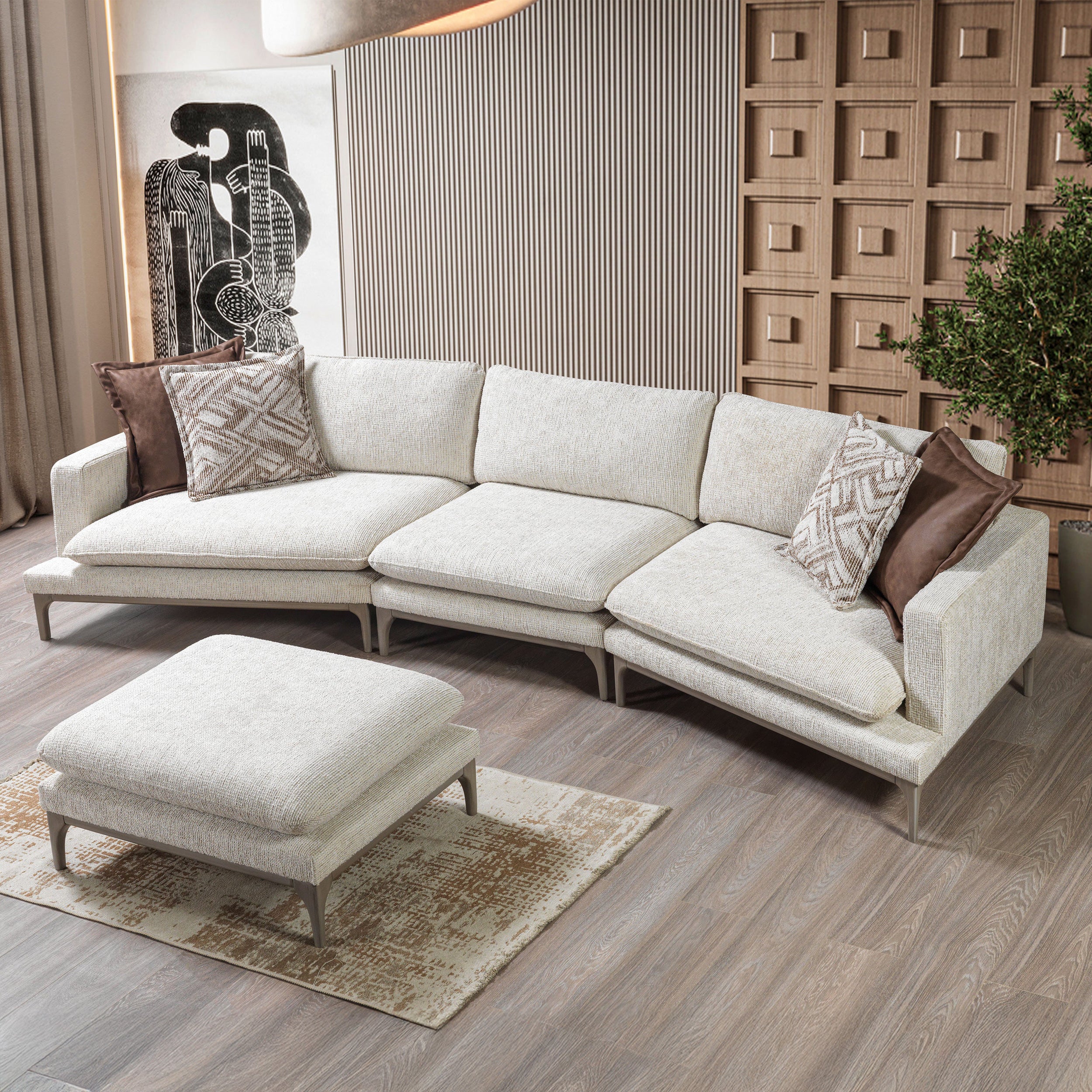Nova - Dylan Ivory Linen 3-Piece Curved 126" Sectional with Ottoman