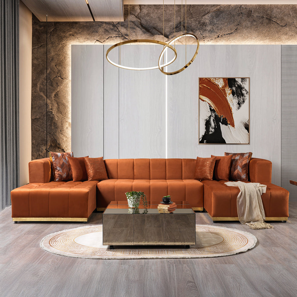 Nova - Elisha Orange Velvet Double Chaise 140" Sectional