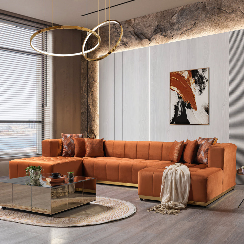 Nova - Elisha Orange Velvet Double Chaise 140" Sectional