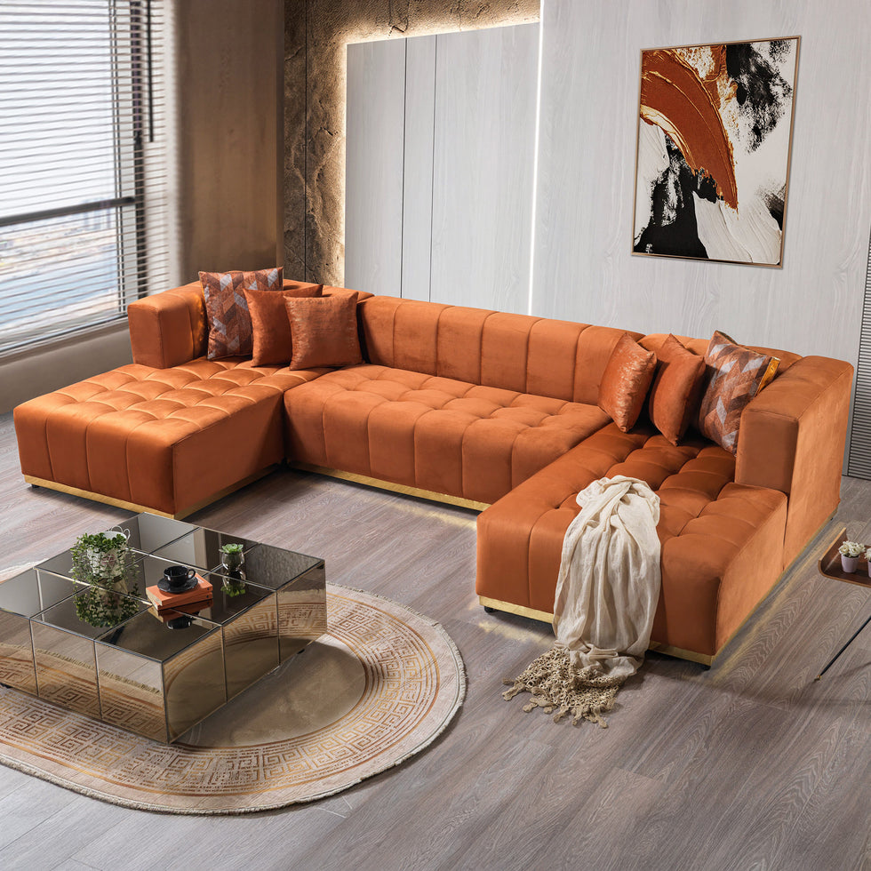 Nova - Elisha Orange Velvet Double Chaise 140" Sectional