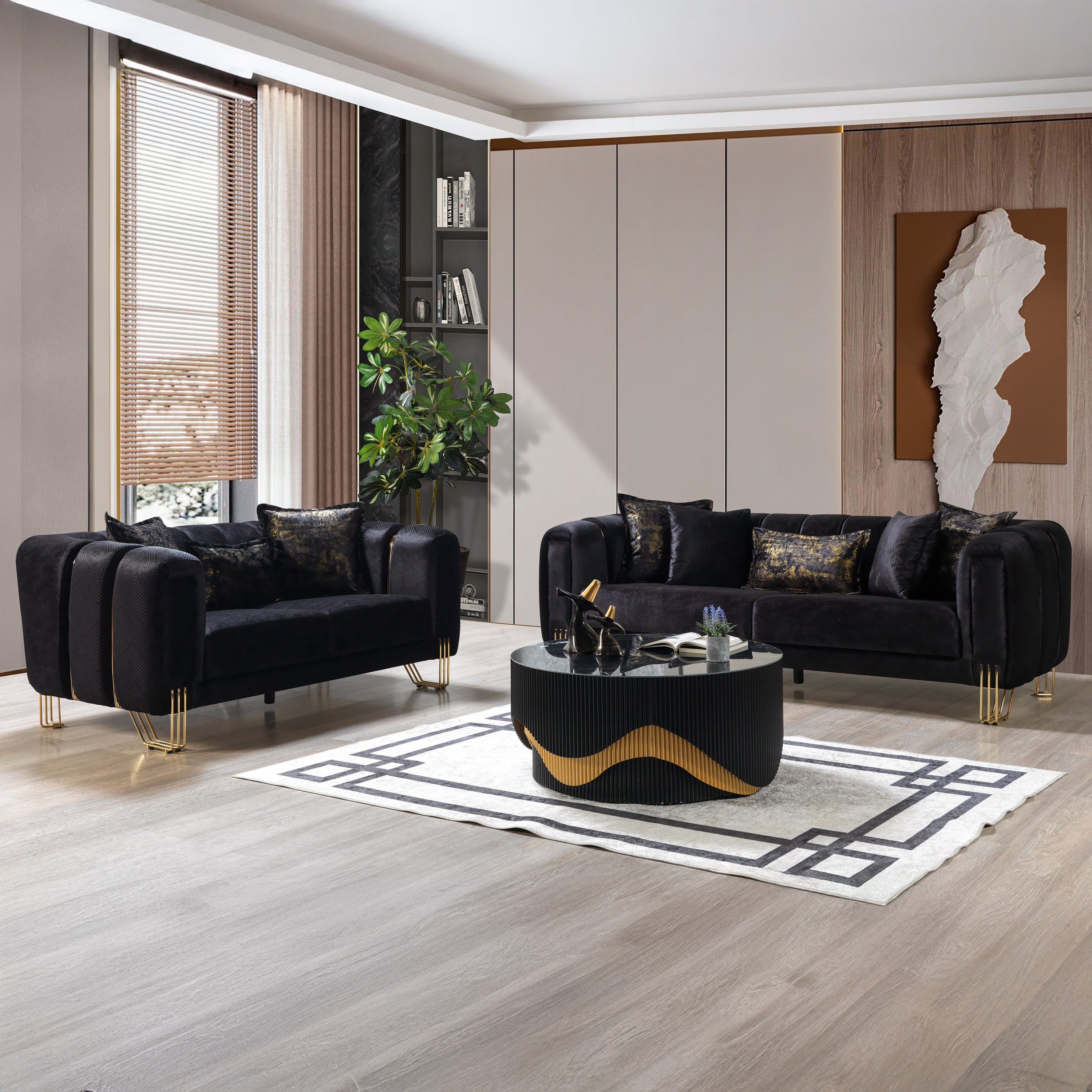 Nova - Santana Black Velvet Sofa 89" & Loveseat 69"
