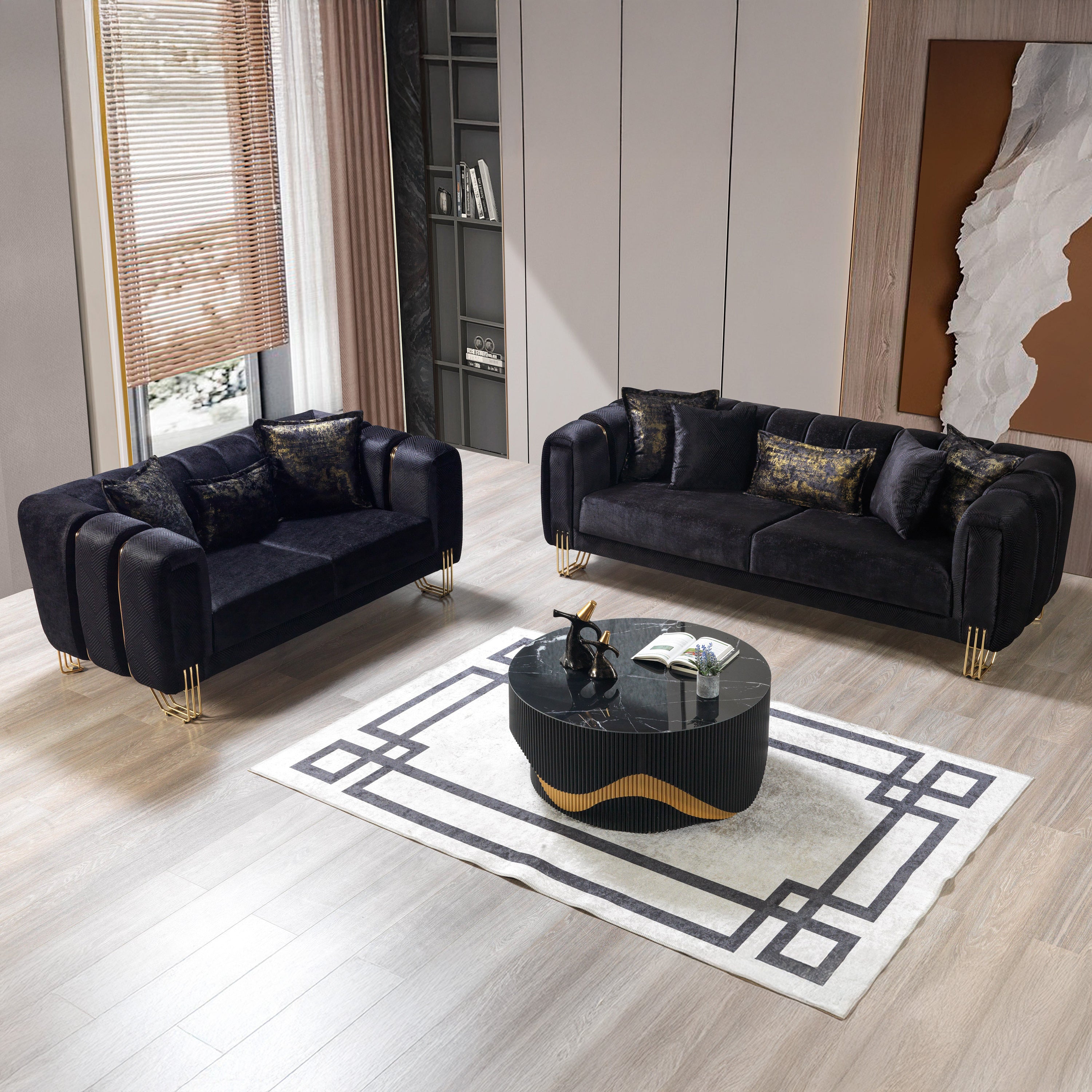 Nova - Santana Black Velvet Sofa 89" & Loveseat 69"