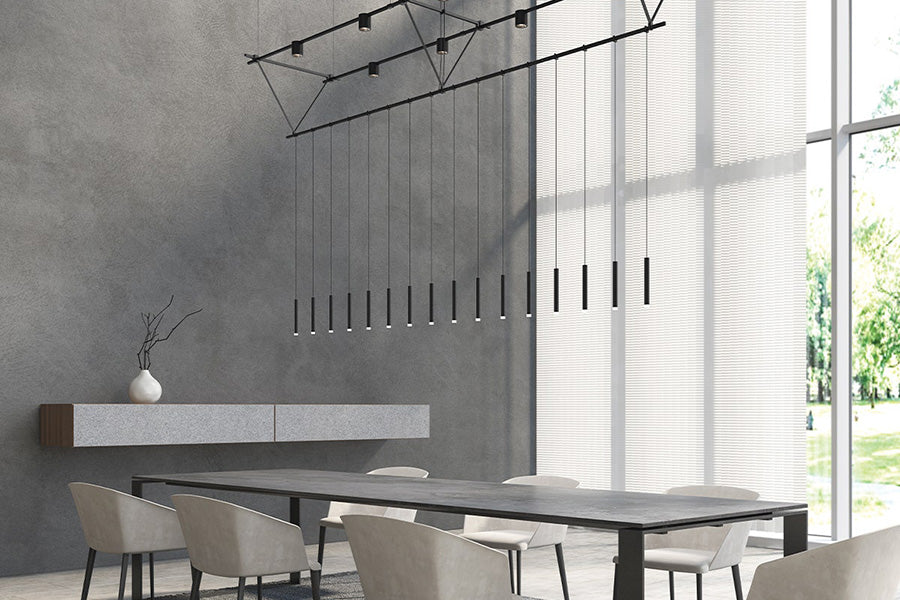 Sonneman - Suspenders 96" Triangle Truss with 36"Monoline Thin Cylinder Pendants, Power Precise Direct Mount Cylinders