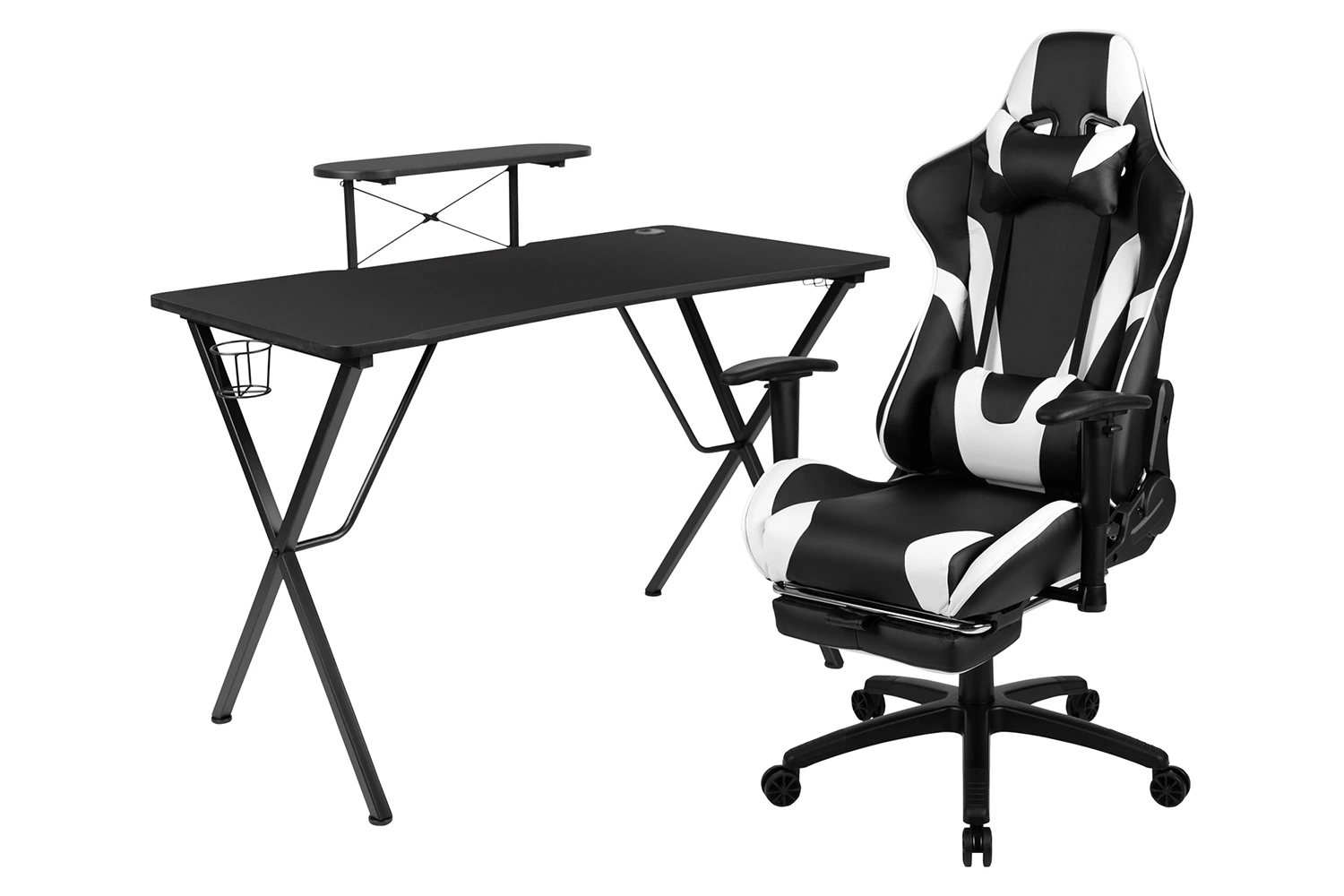 BLNK® Optis Black Gaming Desk and Footrest Reclining Gaming Chair Set with Cup Holder, Headphone Hook and Monitor/Smartphone Stand. Product Type: Desk and Chair Set, Room Type: Home Office, Collection: Optis, Color: Black, Material: Laminate, Faux Leather